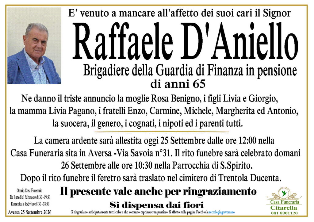 Aversa, malore improvviso in via Roma: muore a 65 anni Raffaele D’Aniello 2 Annuncio Raffaele DAniello